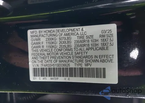 2025 Honda Cr-V Hybrid Sport z USA, uszkodzony, nr VIN 7FARS5H51SE036626